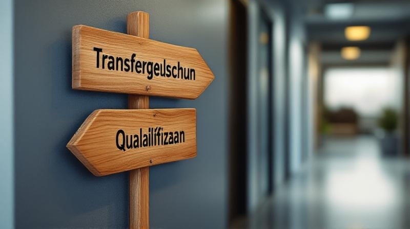 Zwei Wegweiser in einem Büroflur, einer zeigt Richtung Transfergesellschaft, einer zeigt Richtung Qualifizierung