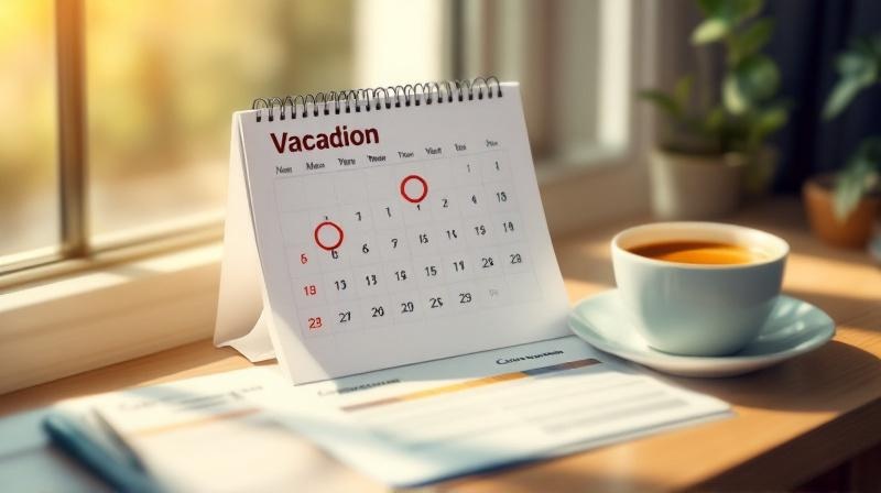 Kalender mit markierten Urlaubstagen neben einem Kursplan und einer Tasse Tee