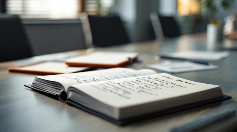 Besprechungsraum mit geöffnetem Aktenordner und Notizen zur Restrukturierungsplanung