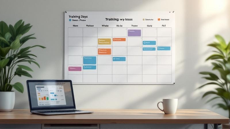 Wandkalender mit farblich markierten Freistellungsphasen und einem Laptop daneben